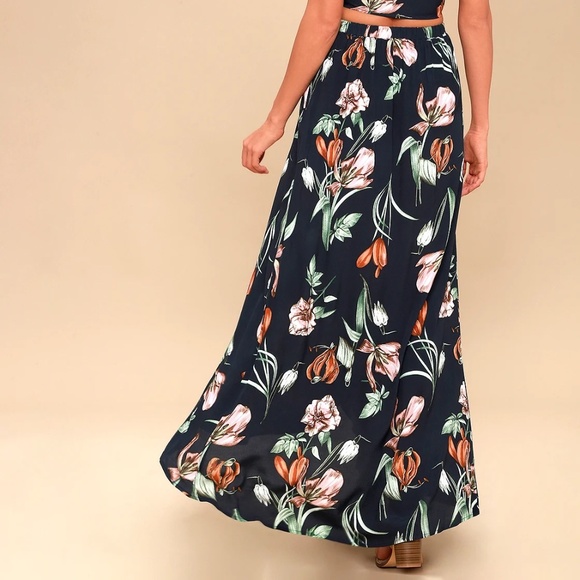 Lulus | Magdalena Navy Blue Floral Print Wrap High-Waist Maxi Skirt | Size S - Picture 3 of 13